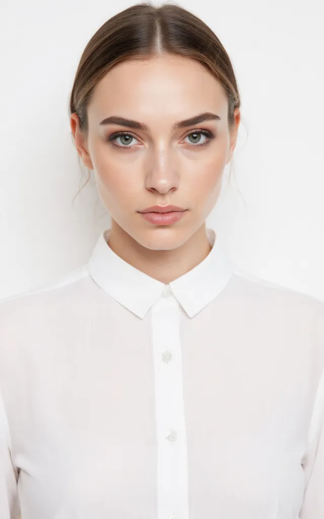 A French female model with a French   inspired makeup style, wearing a shirt, against a white background, in a front   facing bust portrait